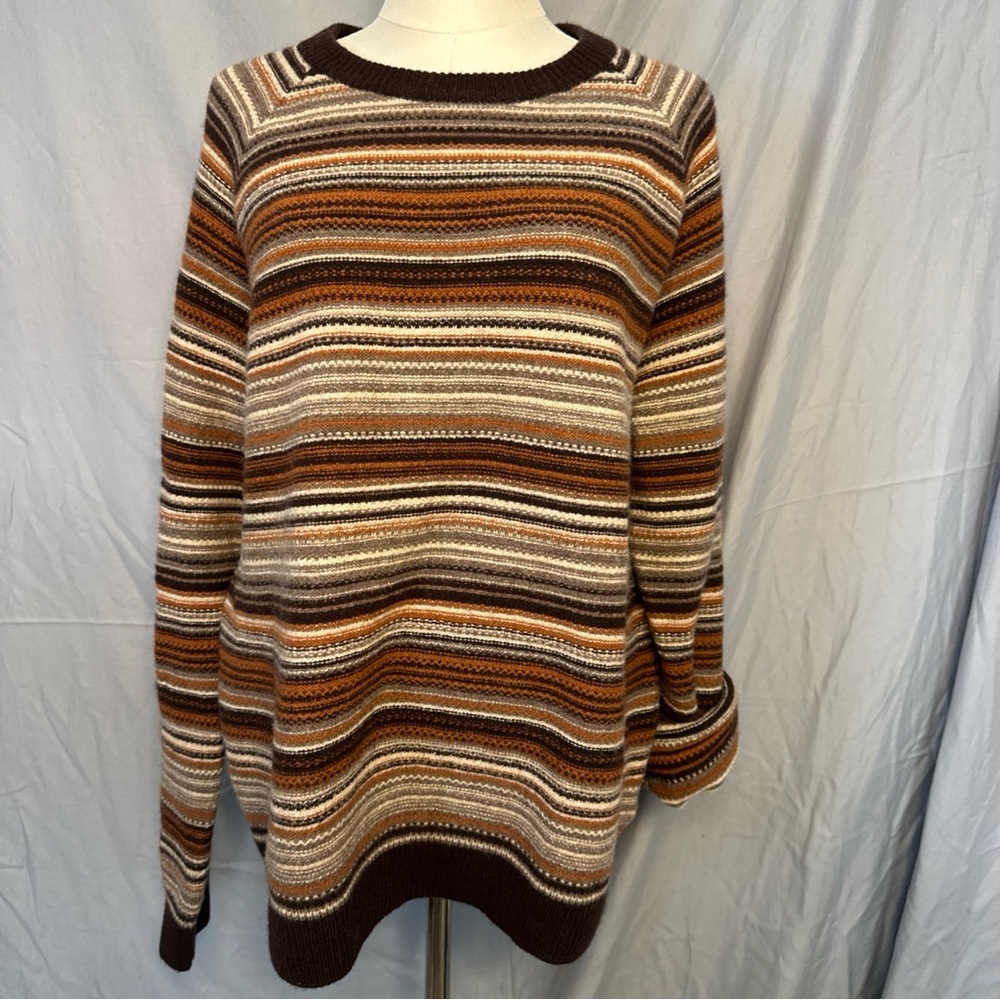 Good Threads Men’s 100% Lambswool Brown Stripe Crewneck Sweater Size Large